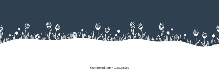 Cute hand drawn Easter horizontal seamless pattern with bunnies, flowers, easter eggs, beautiful background, great for Easter Cards, banner, textiles, wallpapers - vector design