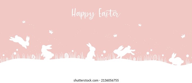 Cute hand drawn Easter horizontal seamless pattern with bunnies, flowers, easter eggs, beautiful background, great for Easter Cards, banner, textiles, wallpapers - vector design