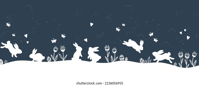 Cute hand drawn Easter horizontal seamless pattern with bunnies, flowers, easter eggs, beautiful background, great for Easter Cards, banner, textiles, wallpapers - vector design