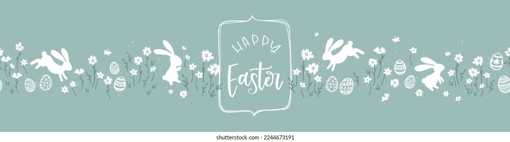 Cute hand drawn Easter horizontal seamless pattern with bunnies, flowers, easter eggs, beautiful background, great for Easter Cards, banner, textiles, wallpapers - vector design