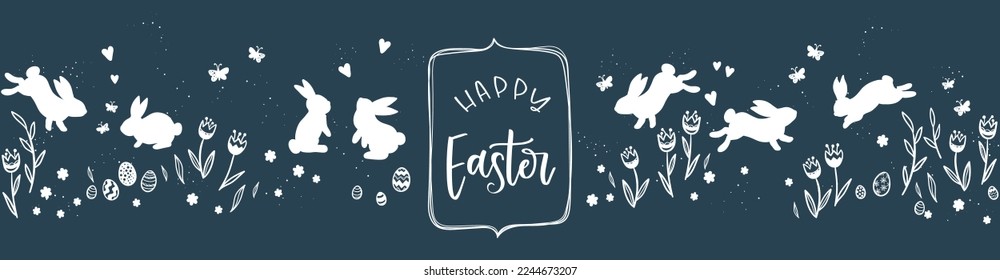 Cute hand drawn Easter horizontal seamless pattern with bunnies, flowers, easter eggs, beautiful background, great for Easter Cards, banner, textiles, wallpapers - vector design