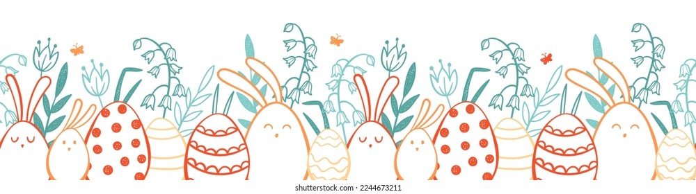 Cute hand drawn Easter horizontal seamless pattern with bunnies, flowers, easter eggs, beautiful background, great for Easter Cards, banner, textiles, wallpapers - vector design