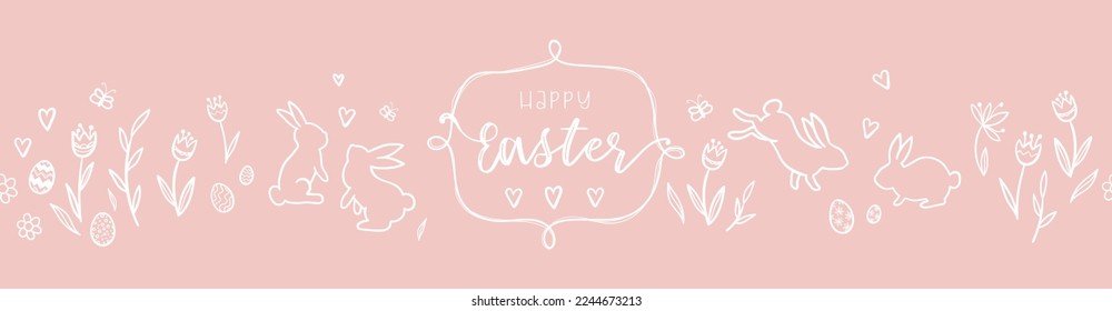 Cute hand drawn Easter horizontal seamless pattern with bunnies, flowers, easter eggs, beautiful background, great for Easter Cards, banner, textiles, wallpapers - vector design