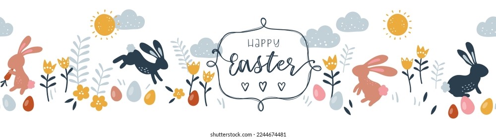 Cute hand drawn Easter horizontal seamless pattern with bunnies, flowers, easter eggs, beautiful background, great for Easter Cards, banner, textiles, wallpapers - vector design