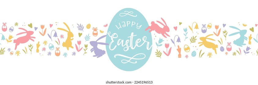 Cute hand drawn Easter horizontal seamless pattern with bunnies, flowers, easter eggs, beautiful background, great for Easter Cards, banner, textiles, wallpapers - vector design