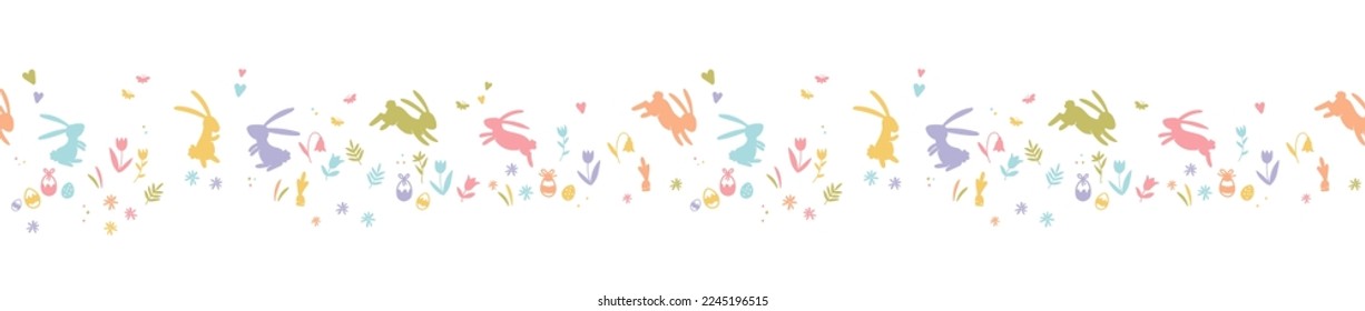 Cute hand drawn Easter horizontal seamless pattern with bunnies, flowers, easter eggs, beautiful background, great for Easter Cards, banner, textiles, wallpapers - vector design