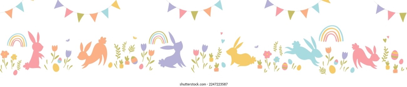 Cute hand drawn Easter horizontal seamless pattern with bunnies, flowers, easter eggs, beautiful background, great for Easter Cards, banner, textiles, wallpapers - vector design