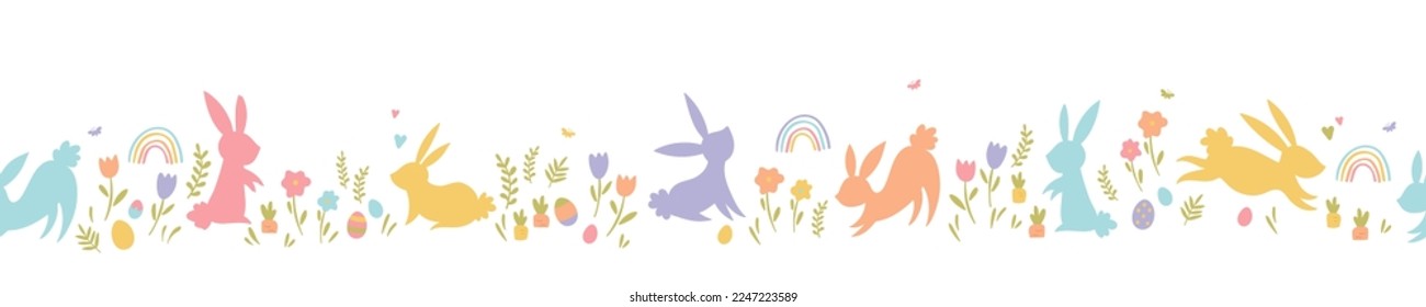 Cute hand drawn Easter horizontal seamless pattern with bunnies, flowers, easter eggs, beautiful background, great for Easter Cards, banner, textiles, wallpapers - vector design