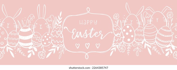 Cute hand drawn Easter horizontal seamless pattern with bunnies, flowers, easter eggs, beautiful background, great for Easter Cards, banner, textiles, wallpapers - vector design