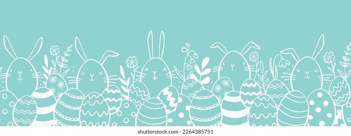 Cute hand drawn Easter horizontal seamless pattern with bunnies, flowers, easter eggs, beautiful background, great for Easter Cards, banner, textiles, wallpapers - vector design