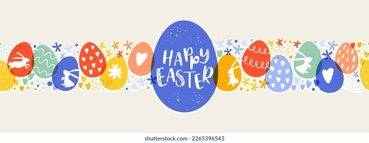 Cute hand drawn Easter horizontal seamless pattern with bunnies, flowers, easter eggs, beautiful background, great for Easter Cards, banner, textiles, wallpapers - vector design