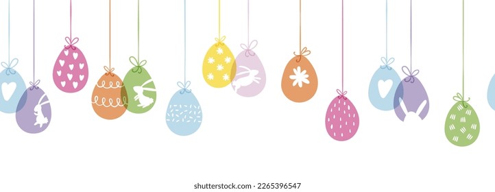 Cute hand drawn Easter horizontal seamless pattern with bunnies, flowers, easter eggs, beautiful background, great for Easter Cards, banner, textiles, wallpapers - vector design