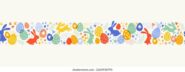 Cute hand drawn Easter horizontal seamless pattern with bunnies, flowers, easter eggs, beautiful background, great for Easter Cards, banner, textiles, wallpapers - vector design