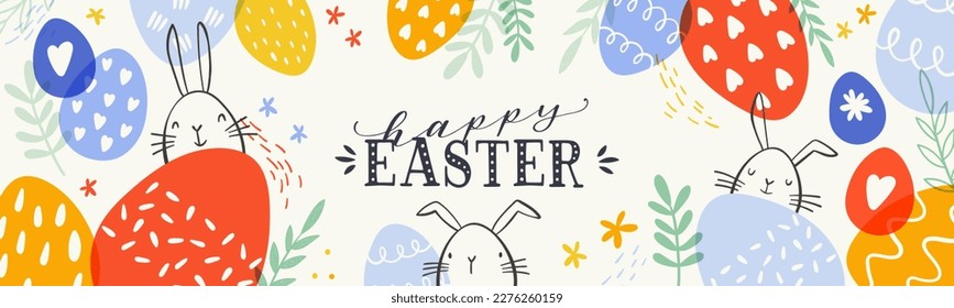 Cute hand drawn Easter horizontal banner with bunnies, flowers, easter eggs, beautiful background, great for Easter Cards, banner, textiles, wallpapers - vector design