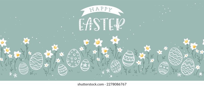 Cute hand drawn easter horizontal seamless pattern with daffodils, easter doodle background, great for textiles, banners, wallpapers, wrapping - vector design