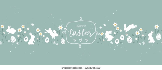 Cute hand drawn easter horizontal seamless pattern with daffodils, easter doodle background, great for textiles, banners, wallpapers, wrapping - vector design