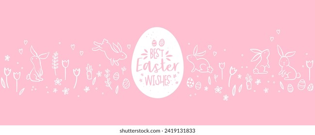 Cute hand drawn Easter horizontal seamless pattern with bunnies, flowers, easter eggs, beautiful background, great for Easter Cards, banner, textiles, wallpapers - vector design