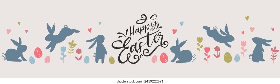 Cute hand drawn Easter horizontal seamless pattern with bunnies, flowers, easter eggs, beautiful background, great for Easter Cards, banner, textiles, wallpapers - vector design