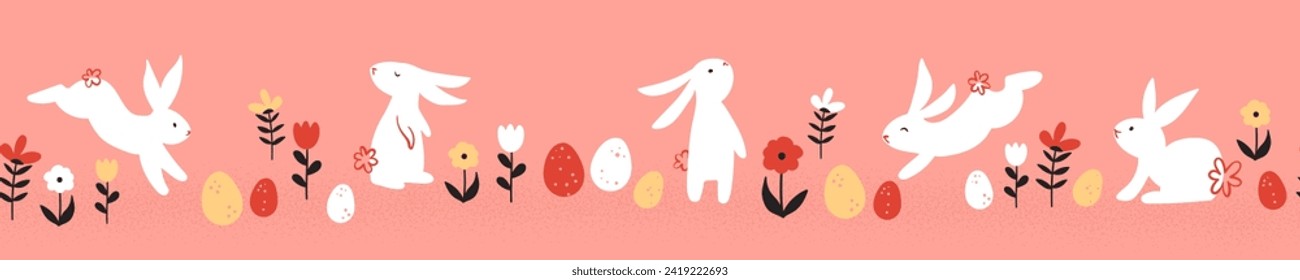 Cute hand drawn Easter horizontal seamless pattern with bunnies, flowers, easter eggs, beautiful background, great for Easter Cards, banner, textiles, wallpapers - vector design