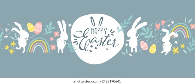 Cute hand drawn Easter horizontal seamless pattern with bunnies, flowers, easter eggs, beautiful background, great for Easter Cards, banner, textiles, wallpapers - vector design