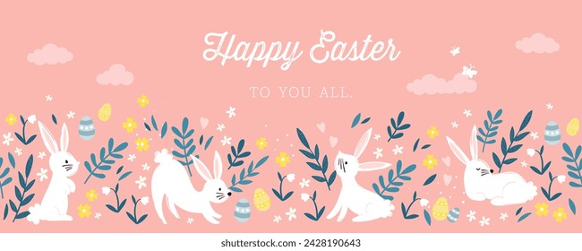 Cute hand drawn Easter horizontal seamless pattern with bunnies, flowers, easter eggs, beautiful background, great for Easter Cards, banner, textiles, wallpapers - vector design