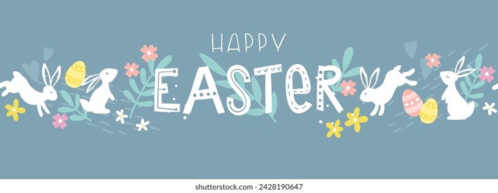 Cute hand drawn Easter horizontal seamless pattern with bunnies, flowers, easter eggs, beautiful background, great for Easter Cards, banner, textiles, wallpapers - vector design