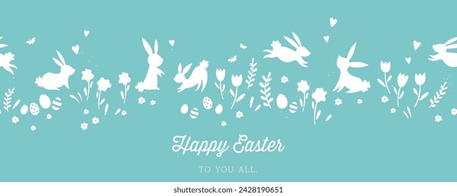 Cute hand drawn Easter horizontal seamless pattern with bunnies, flowers, easter eggs, beautiful background, great for Easter Cards, banner, textiles, wallpapers - vector design