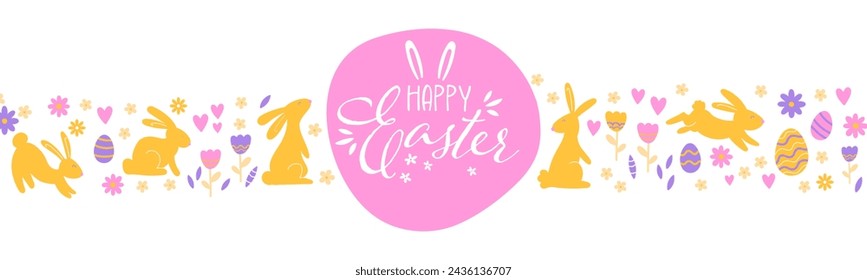 Cute hand drawn Easter horizontal  design with bunnies, flowers, easter eggs, beautiful background, great for Easter Cards, banner, textiles, wallpapers