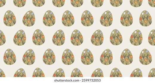 Cute hand drawn easter horizontal seamless vector pattern illustration with green egg with colorful tulips flower on white background