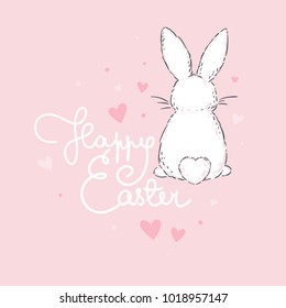 Cute hand drawn Easter rabbit with lettering on the pink background. Happy Easter