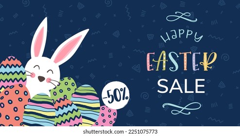 Diseño de ventas de Semana Santa con dibujos a mano con conejitos, flores, huevos de Pascua, fondo hermoso, genial para publicidad de Pascua, pancartas, fondos de pantalla - diseño vectorial