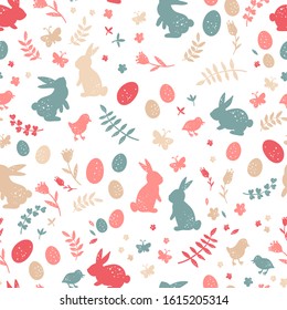 Cute hand drawn easter seamless pattern, colorful spring background with bunnies, easter eggs, flowers, butterflies - great for textiles, banners, wallpapers, cards and wrapping - vector design