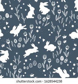 Cute hand drawn Easter seamless pattern with bunnies, flowers, easter eggs, beautiful background, great for Easter Cards, banner, textiles, wallpapers - vector design