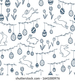 Cute hand drawn easter seamless pattern, hanging easter eggs and bunnies - great for textiles, banners, wallpapers, cards - vector design