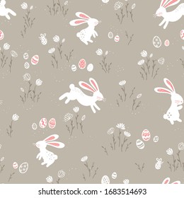 Cute hand drawn Easter seamless pattern with bunnies, Easter eggs and flowers. Great for Easter Cards, banner, wallpaper, textiles, wrapping- vector design