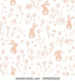 Cute hand drawn Easter seamless pattern with bunnies, flowers, easter eggs, beautiful background, great for Easter Cards, banner, textiles, wallpapers - vector design