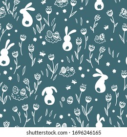 Cute hand drawn Easter seamless pattern with bunnies, flowers, easter eggs, beautiful background, great for Easter Cards, banner, textiles, wallpapers - vector design