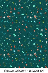 Cute hand drawn Easter seamless pattern with bunnies, flowers,  beautiful background, great for Easter Cards, banner, textiles, wallpapers, invitation. Spring or summer vector background.
