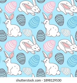 Cute hand drawn Easter seamless pattern with bunnies and easter eggs, beautiful background, great for Easter Cards, vector Eps 10 illustration