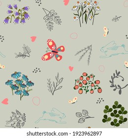 Cute hand drawn Easter seamless pattern with bunnies, flowers, easter eggs.