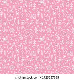 Cute hand drawn Easter seamless pattern with bunnies, flowers, easter eggs. Beautiful pink and white background for cards, banner, textiles