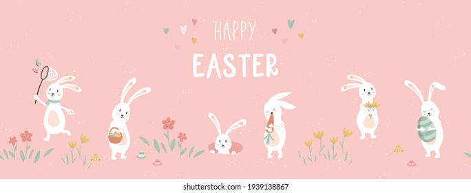 Cute hand drawn Easter seamless pattern with Bunnies and Easter decoration, Egg hunt, cute poses, great for textiles, banners, wallpapers, prints - vector design