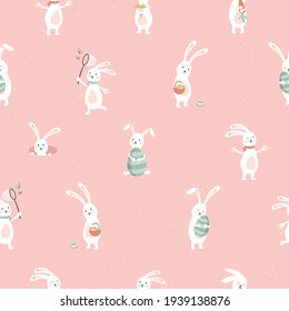 Cute hand drawn Easter seamless pattern with Bunnies and Easter decoration, Egg hunt, cute poses, great for textiles, banners, wallpapers, prints - vector design