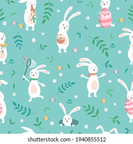 Cute hand drawn Easter seamless pattern with Bunnies and Easter decoration, Egg hunt, cute poses, great for textiles, banners, wallpapers, prints - vector design