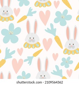 Cute hand drawn Easter seamless pattern with bunny, carrots, hearts and flowers. Great for Easter Cards, banner, textiles, wallpapers - vector design.