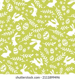 Cute hand drawn Easter seamless pattern with bunnies, flowers, easter eggs, beautiful background, great for Easter Cards, banner, textiles, wallpapers - vector design