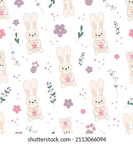 Cute hand drawn easter seamless pattern with bunnies, flowers, beautiful background, great for easter cards, banners, textiles, wallpapers - vector image
