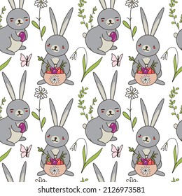 Cute hand drawn Easter seamless pattern with bunnies, Easter eggs and flowers. Great for Easter Cards, banner, wallpaper, textiles, wrapping- vector design EPS