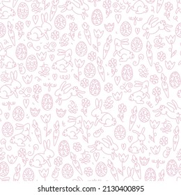 Cute hand drawn Easter seamless pattern with bunnies, eggs and decoration, great for textiles, banners, wallpapers, wrapping - vector surface design