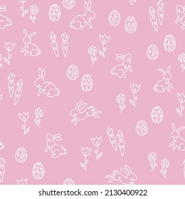 Cute hand drawn Easter seamless pattern with bunnies, eggs and decoration, great for textiles, banners, wallpapers, wrapping - vector surface design